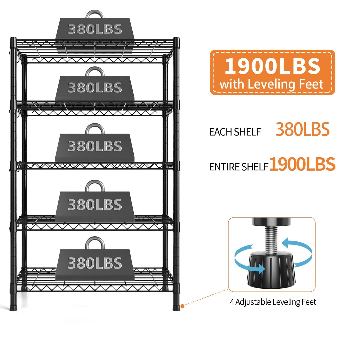 Hodonas Wire Shelving, 1900lbs Capacity 5 Tier Heavy Duty NSF Wire Shelf with Rolling Wheels Black Metal Storage Shelves Adjustable Wire Rack Unit 36"W x 14"D x 72"H for Kitchen Bathroom Garage Closet