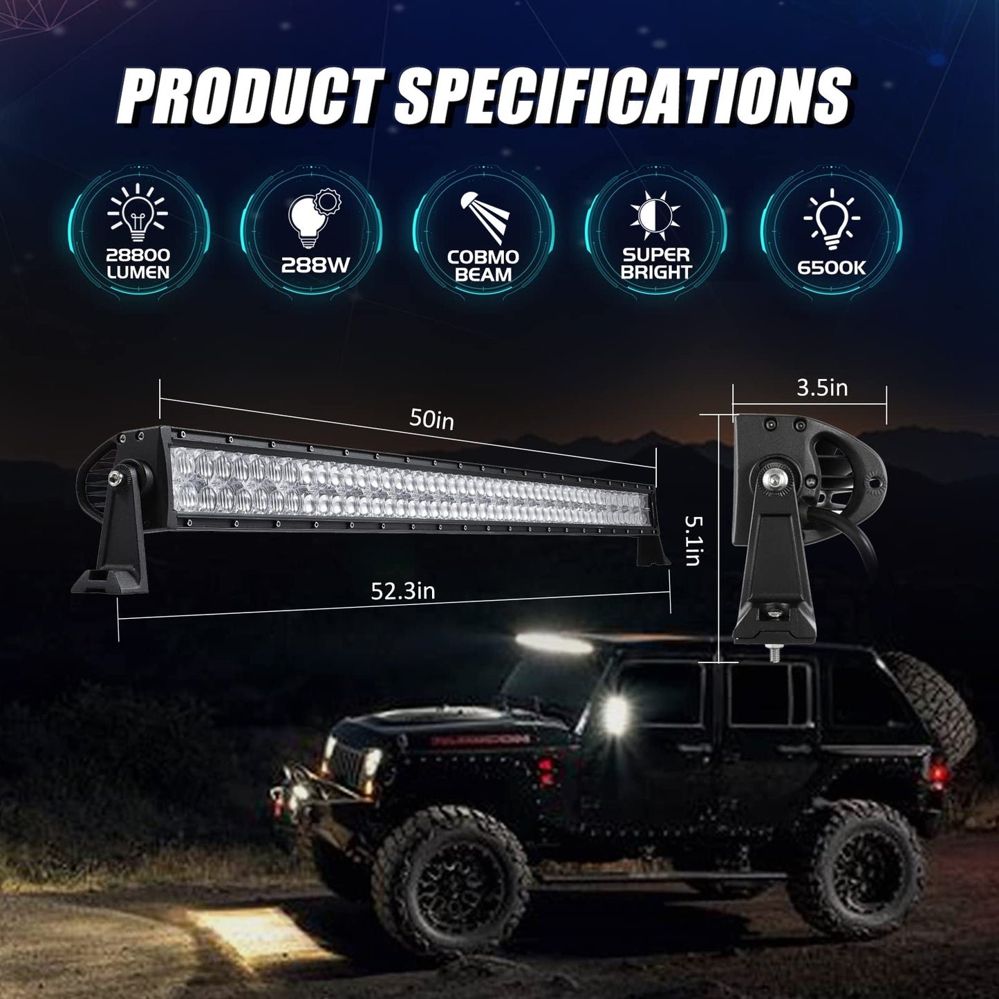 Auxbeam 50 Inch LED Light Bar 288W, 5D Lens Waterproof Off Road Driving Lights, 28800 Lumens Double Row Spot Flood Combo Fog Light Work Light with Wiring Harness for Pickup Trucks SUV ATV UTV Boat
