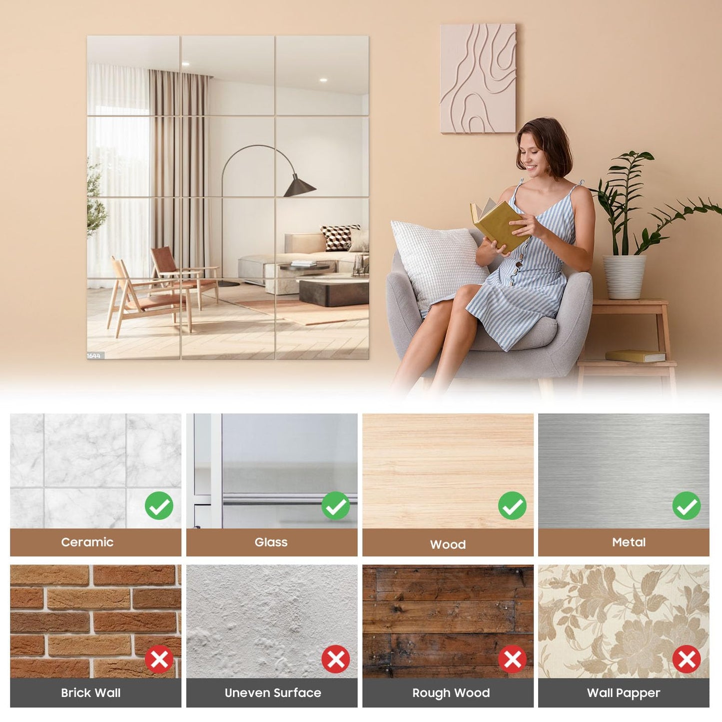 WRSION 12PCS 14"x12" Home Gym Mirror, Wall Mirrors Decorative Shatterproof Self Adhesive Glass Mirror Tiles for Gym, Bedroom, Bathroom, Living Room
