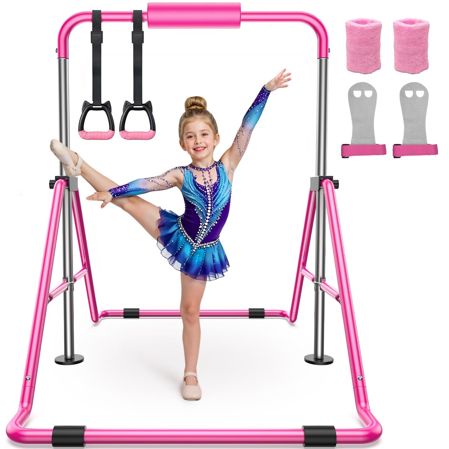 Sportsroyals Gymnastics Bar for Kids,Adjustable Height Gymnastic Horizontal Bars,Folding Gymnastic Junior Training Kip Bar for Home, Pink (Pink)