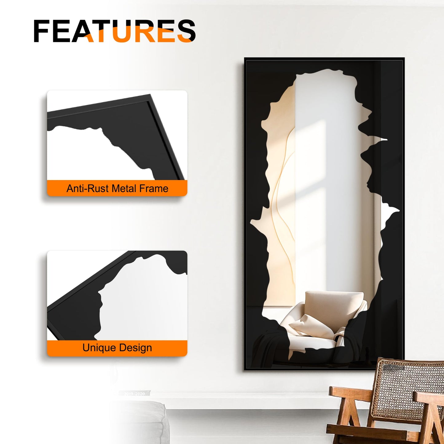Bathroom Mirror with Black Artistic Decorative Design, Framed Rectangle Wall Mirror, 24"x36" Modern Hanging Mirror for Bathroom, Bedroom, Cloak Room, and Hallway