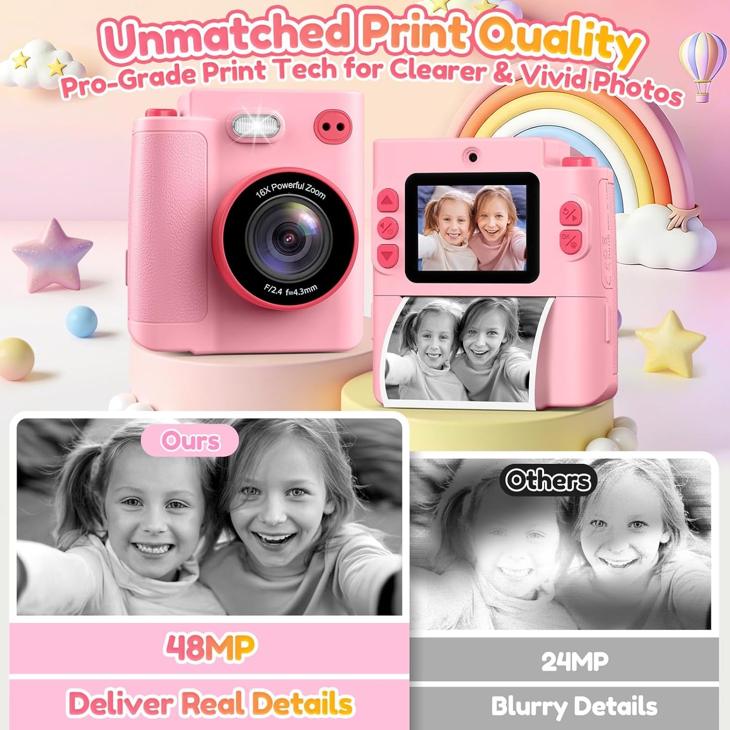 Yunaking 3-12 3 4 5 6 7 8 9 10 32G Gift for Girls Kids Camera: Instant Print Dual Lens Digital Camera Toys for Girl