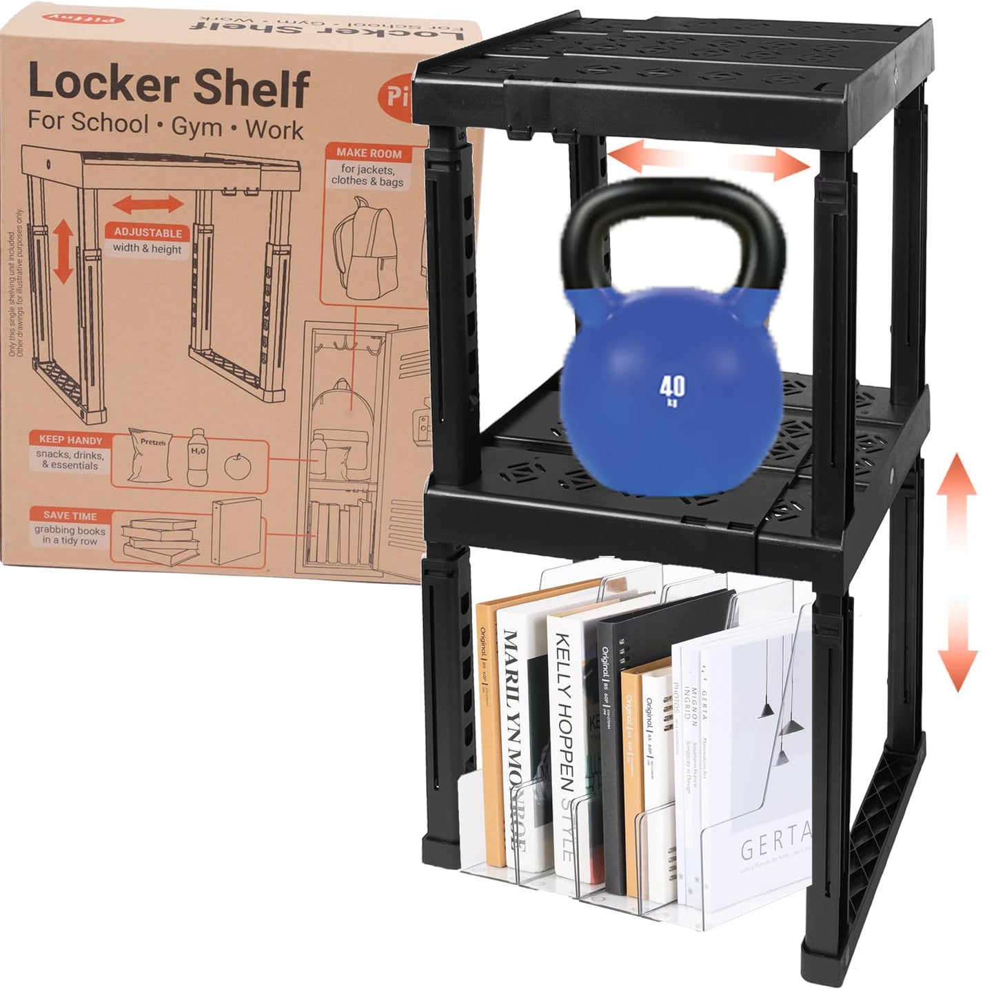 Piffny Locker Organizer Shelf, Adjustable Width and Height, Stackable, 2 Pack, Ideal Locker Shelf for School, Office, Gym Lockers, or Even Kitchen Cabinets & Under Sink Organization (Black)