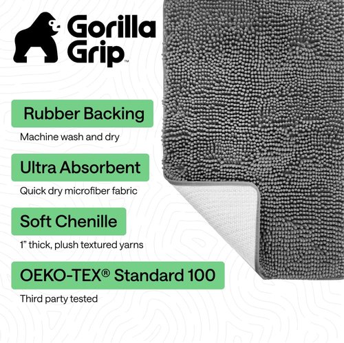 GORILLA GRIP Bath Rug Mat - Thick Soft Absorbent Chenille | Quick Dry Microfiber, 54x24, Grey