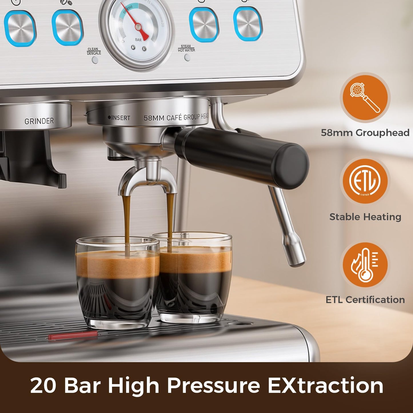 (2026 Upgrade)Electactic Espresso Machine with Grinder, 20 Bar Expresso Coffee Machines, Professional Coffee Maker for Latte & Cappuccino with Milk Frother&Steam Wand,Expresso Machines for Home-Silver