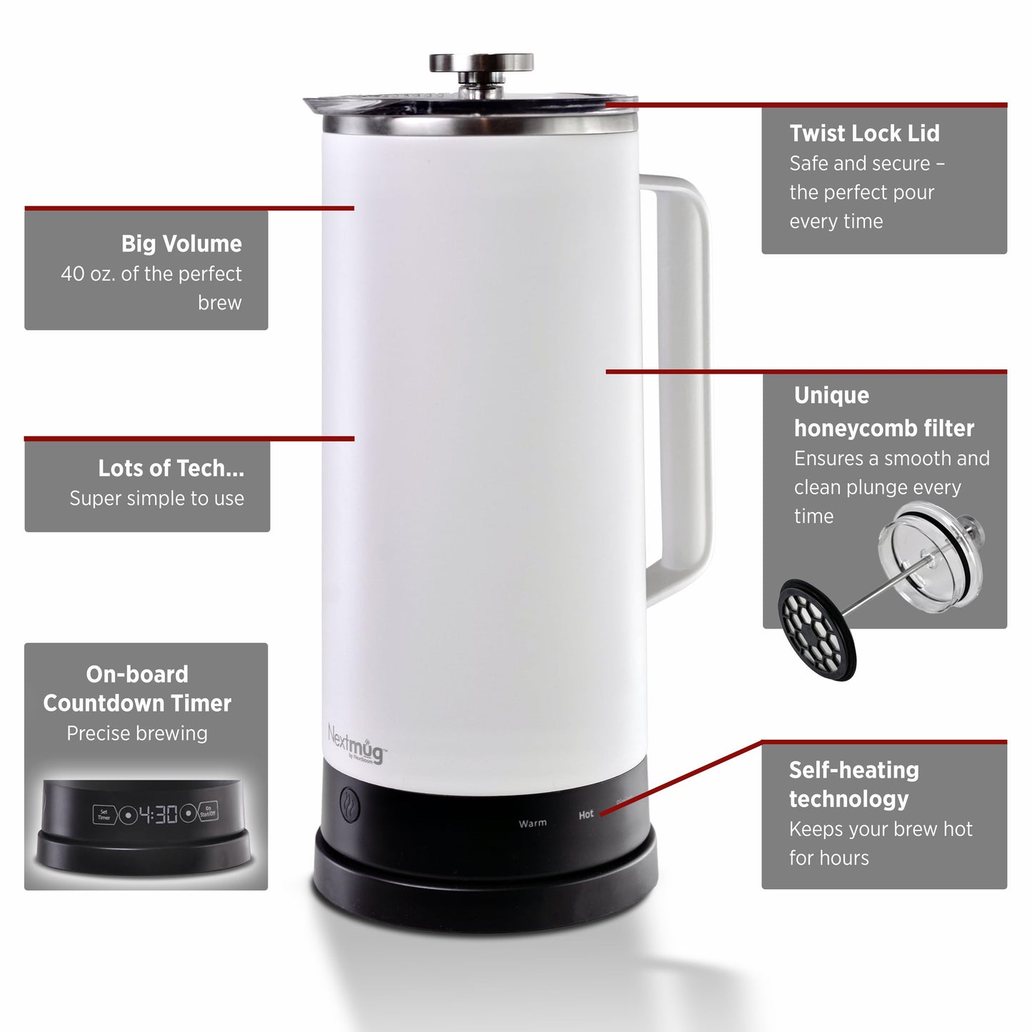 Nextmug Press - Temperature-Controlled, Self-Heating French Press (White - 40 oz.)