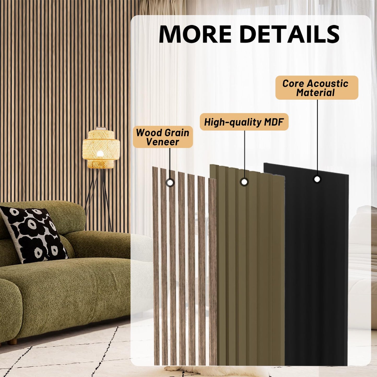 RITOLLO 4-Piece Wood Slat Panels for Wall 94.5"×11" Acoustic Panels for Interior Wall Decor 3D Fluted Sound Absorbing Panel - Natural Walnut