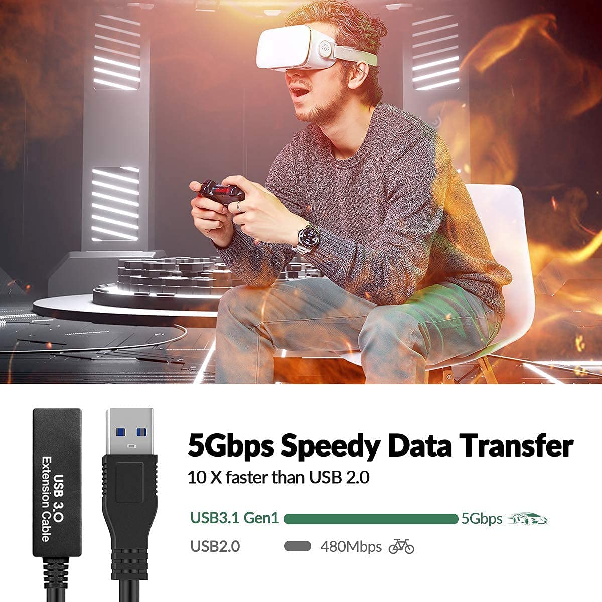 25Feet 3.0 Chipset 3,VR, PS4, Active USB extension cable,Long USB Extension Cord A-Male A-Female,With Expansion Signal