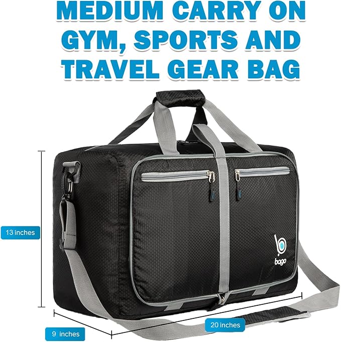 Bago Foldable Duffel Bags for Traveling Women & Men - 40L Sports Packable Duffle Bag for Travel with Shoe Compartment - Water Repellant, Heavy Duty, Lightweight Folding & Collapsible (Black)