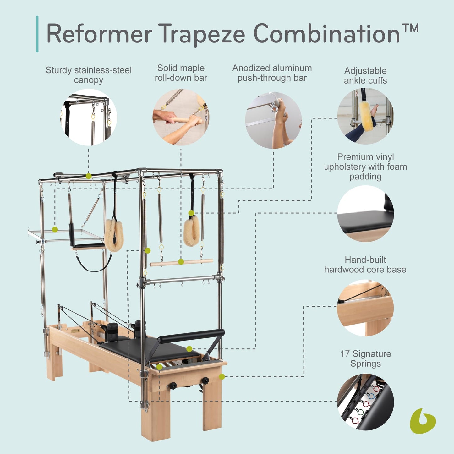 Balanced Body Pilates Reformer with Revo Footbar and Trapeze Combination, Pilates Exercise Equipment, Workout Equipment for Home or Studio