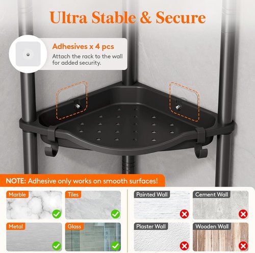 Lifewit Shower Caddy - 4-Tier Rustproof Corner Rack with Adjustable Feet & Hooks | Black, 34 x 24 x 107 cm