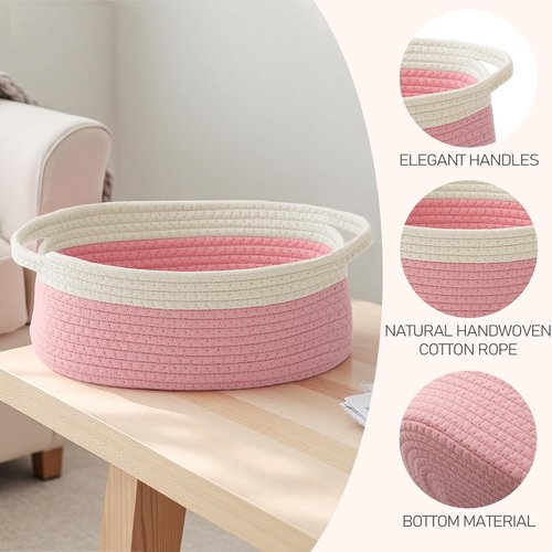 JMvicyroam Woven Basket - Small Rope Storage Bin with Handles | Organizer for Shelves & Closets - White & Pink (2 Pack)