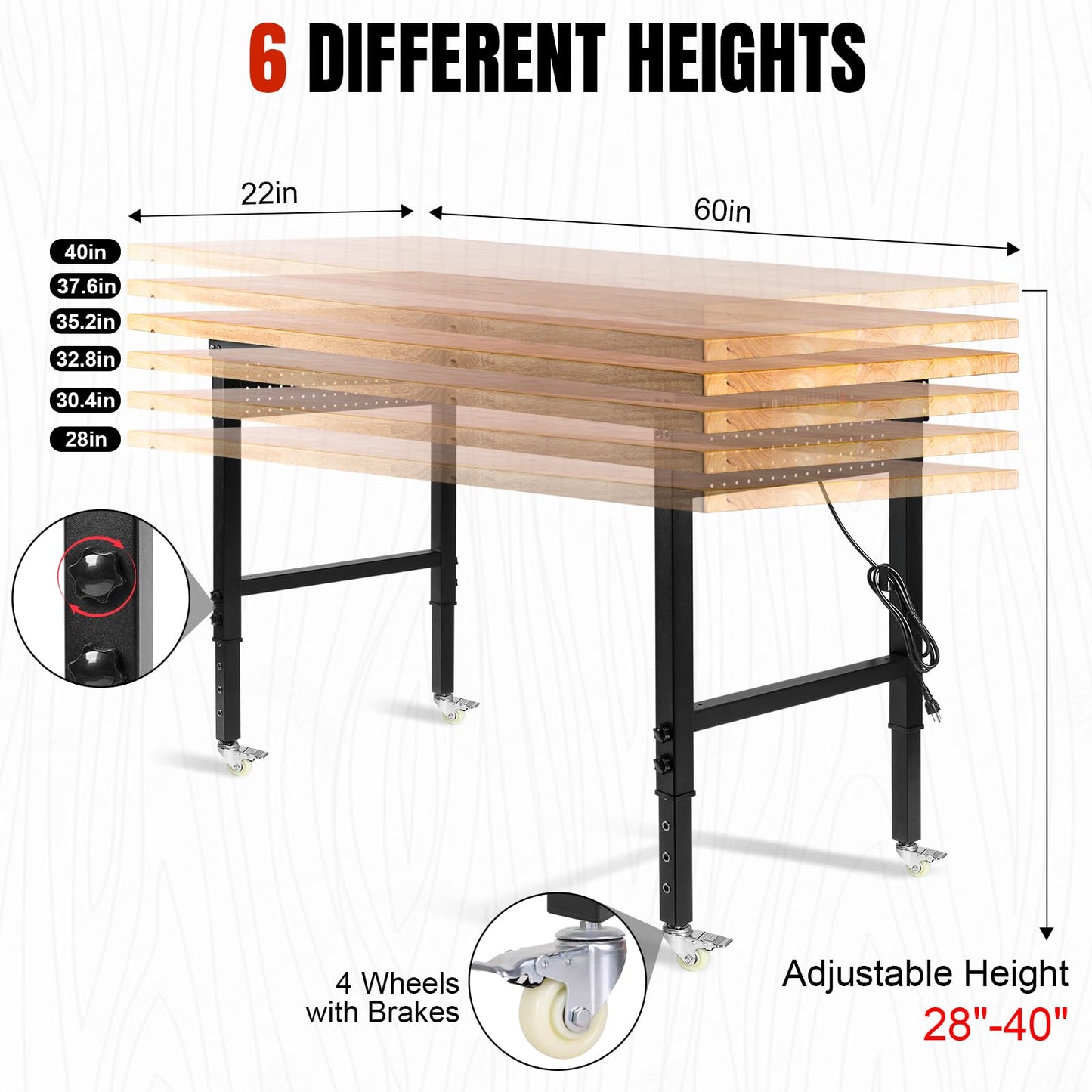 MUWOOD Height Adjustable Workbench with Wheels 60”×22” Heavy Duty Work Table 2000 LBS Capacity Rolling Work Table Rubber Wood Work Station with Power Outlet & Pegboard for Garage, Office, Workshop