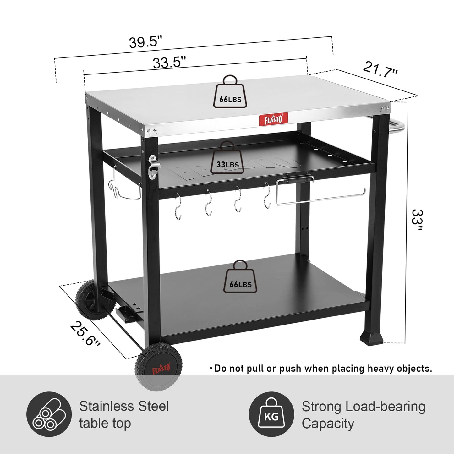 Feasto 3-Shelf Pizza Oven Table 33.5" x 21.7" Stainless Top, Rolling Outdoor Grill Cart with Waterproof Cover for Pizza Ovens & Griddles, Heavy-Duty BBQ Prep Station for Patio & Deck, Black