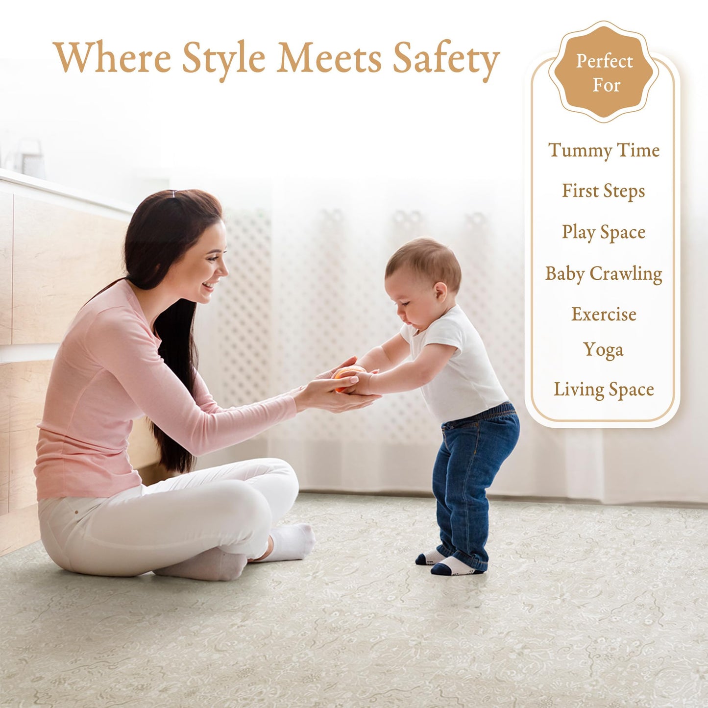 PopsyKosy Premium Baby Floor Play Mat - Extra Thick & Cushioned 1 inch Playroom Foam Mat, Non-Toxic Odorless - 6 Tiles - Spacious 6x4 ft. - Stylish & Large, Waterproof for Kids & Toddlers - Pearl Beige