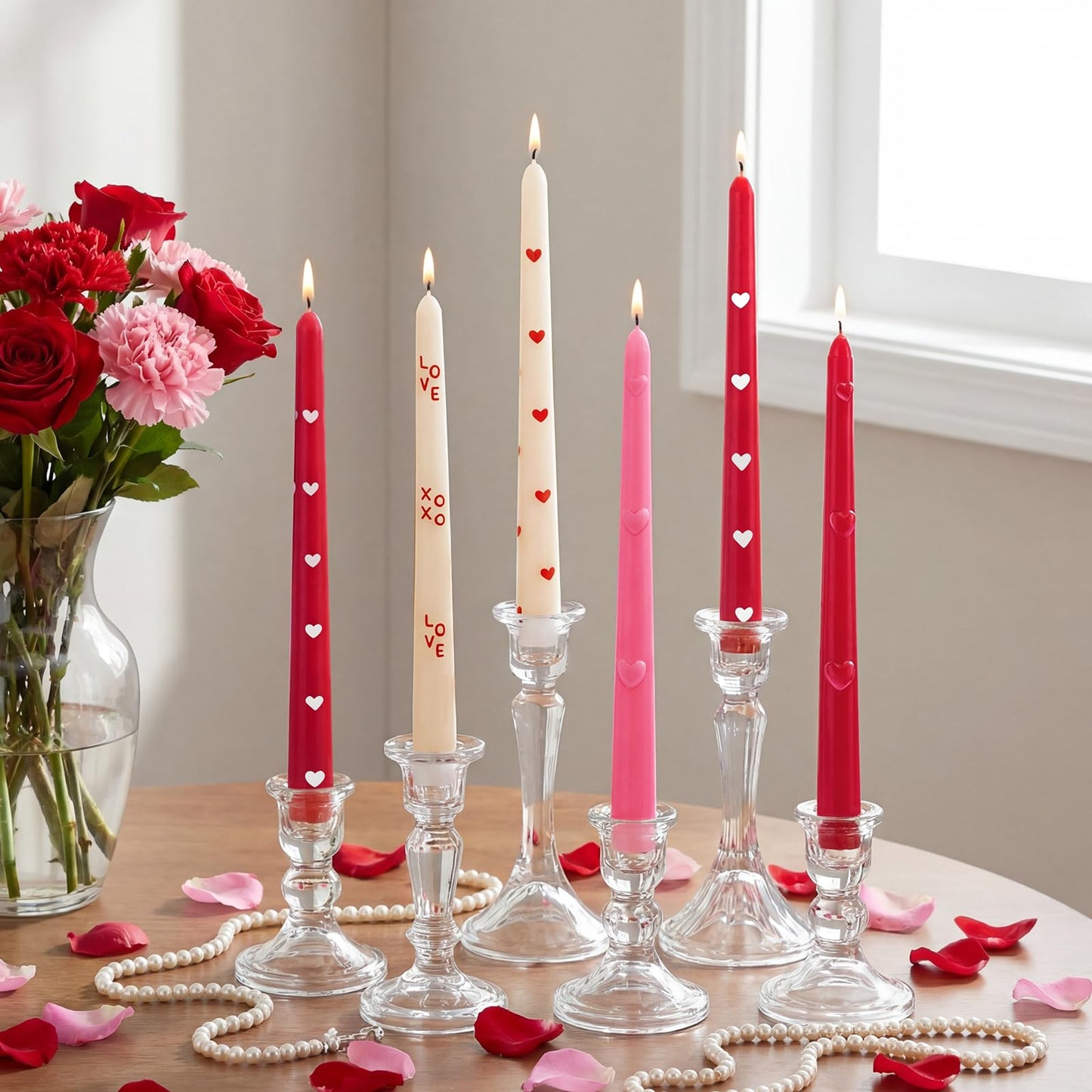 Threlaco 6pcs Pink Red Heart Taper Candle Set 10 Inch Valentine's Candle Sticks Valentines Decorative Candles Long Unscented Candlesticks for Valentine's Day Party Table Anniversary Wedding Decor