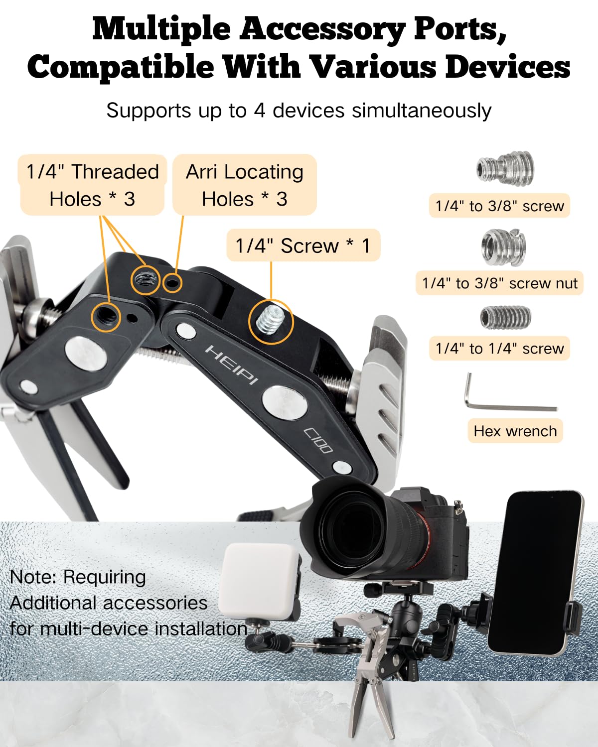 HEIPI Super Clamp Phone Camera Mount Holder 2-in-1 Clamp & Stand Design with 1/4"-20 & 3/8"-16 Screw Mount Adapter Holder Max Clamping 3.93 inch for Tripod Accessories, Phone, Action, DSLR Camera
