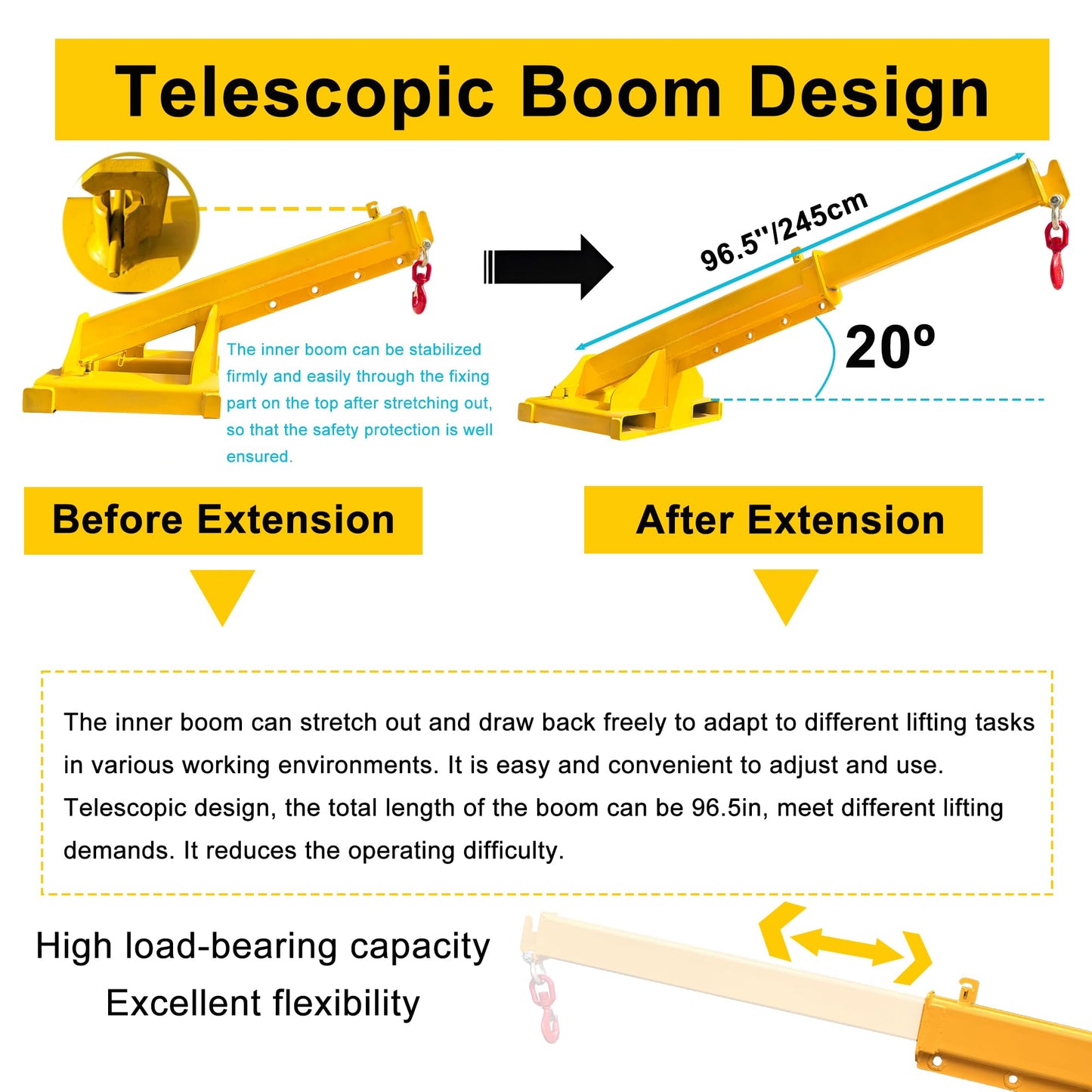HayWHNKN Forklift Jib Boom Forklift Mobile Crane, 5T / 11000LB Telescopic Crane Attachment with Hook, Max Length 96.5'' Mobile Lifting Hoist Towing Handling for Warehouse & Construction Material