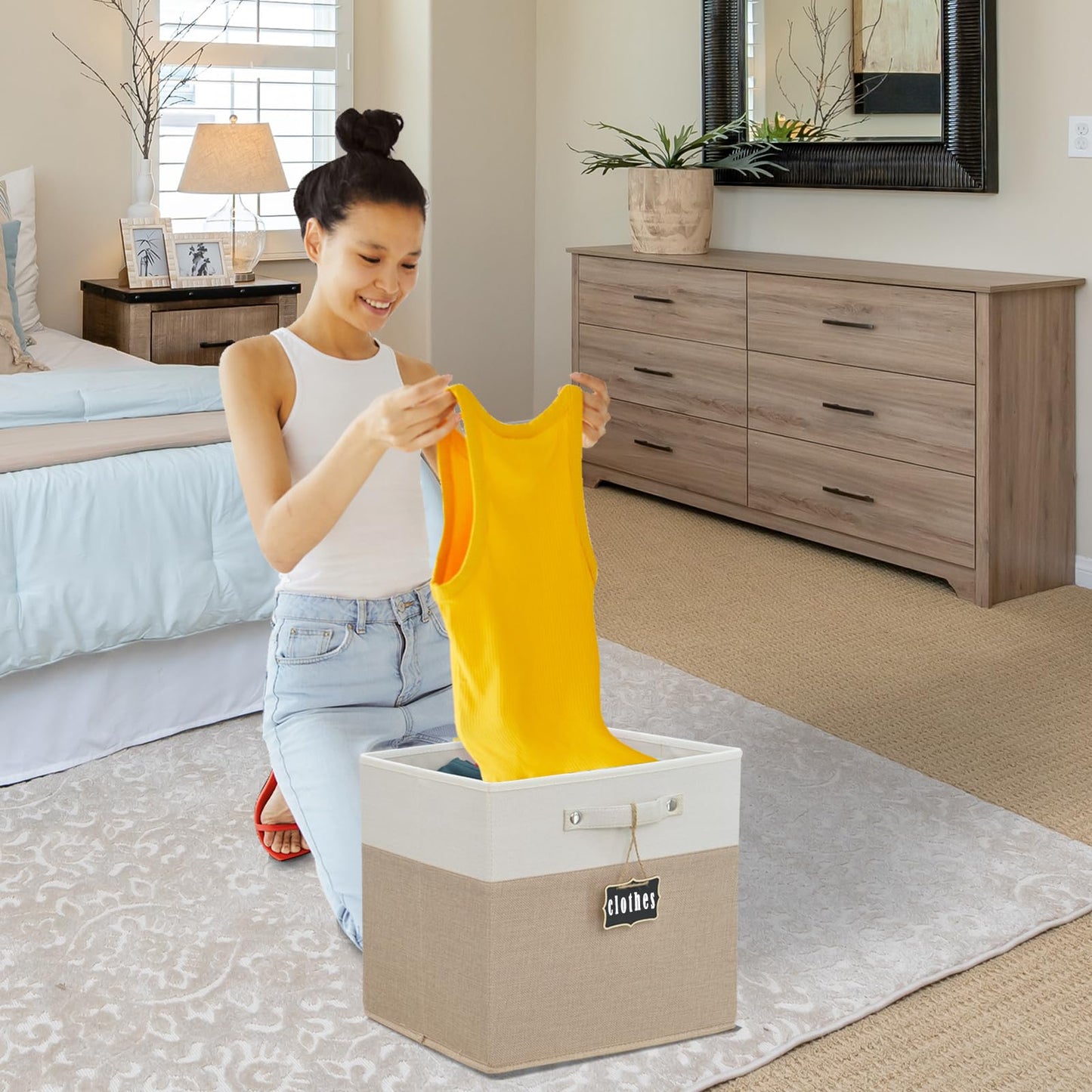 Dyvavna Storage Cubes,13x15x13 storage cube bins Set of 4,Foldable Fabric Storage Cubes with Labels,Linen Cube Storage Organizer Bins Kallax Storage Cubes for Organizing Shelves Cabinet(White Khaki).