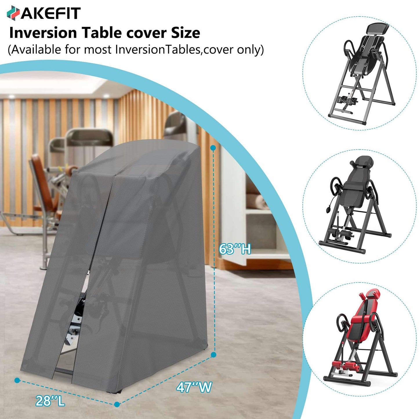 AKEfit Inversion Table Cover - Dustproof and Waterproof Inversion Equipment Protection Covers with Zipper,Fit Most Inverter Table-Indoor or Outdoor,28.3''L x 47''W x 63''H-Gray