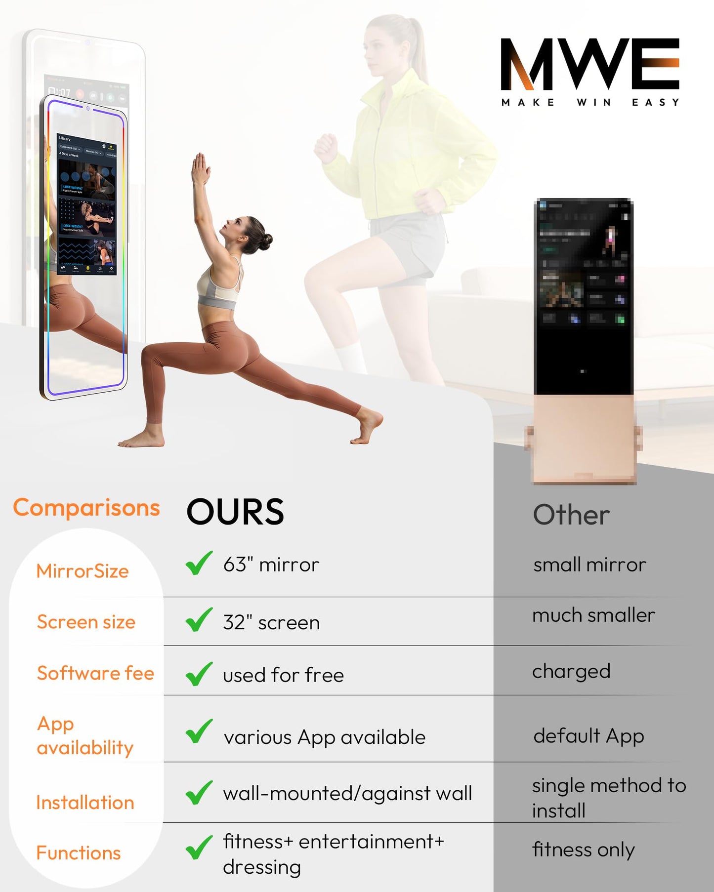 HARZHI 32 Inch Smart Gym Mirror, HD Touch Screen, Android OS, No VIP Fees, Voice Control, Music Sync LED Light Strip, Perfect for Home Gym/Yoga