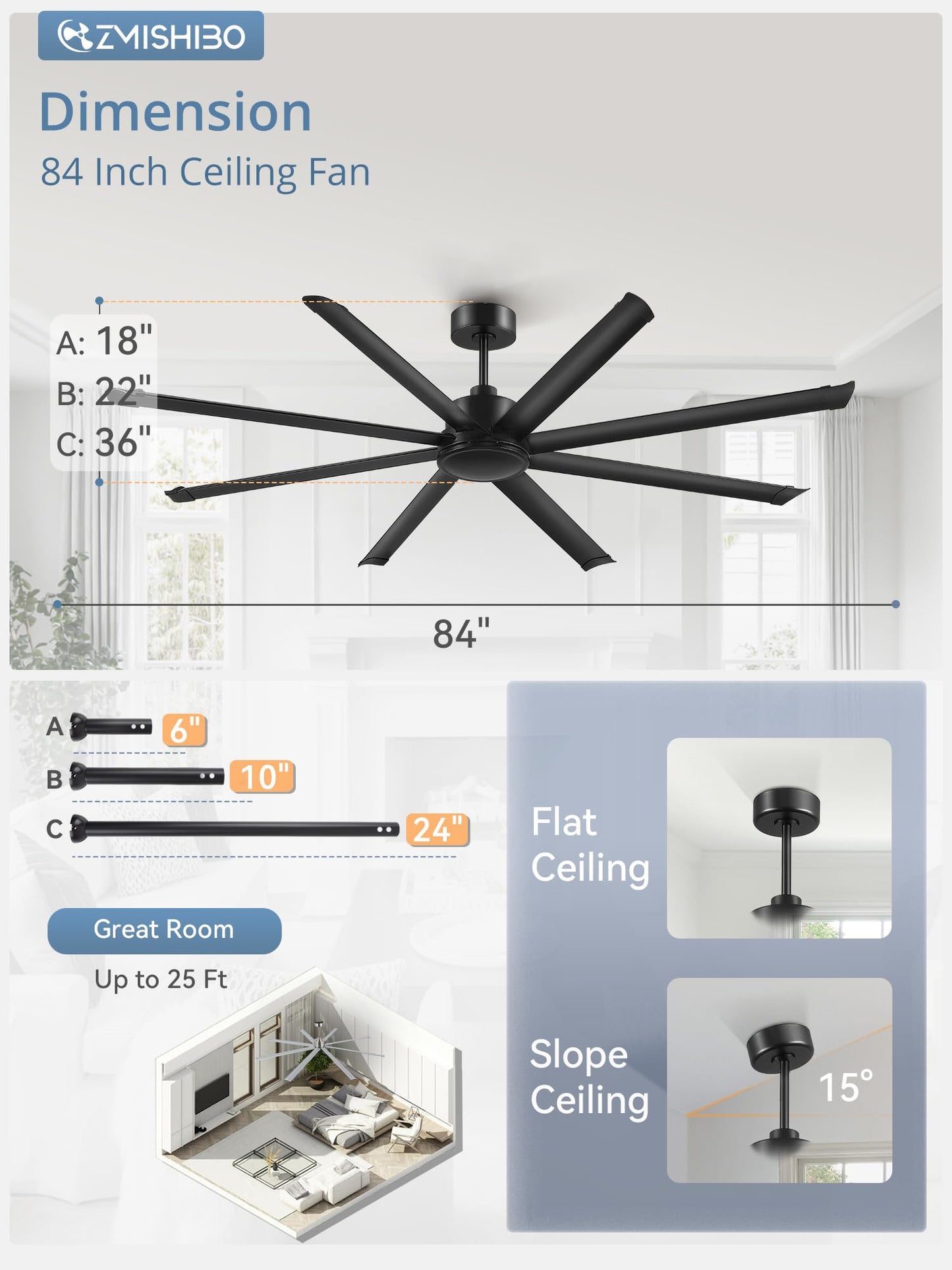 ZMISHIBO 84 Inch Large Ceiling Fan No Light, 8 Aluminum Blades, 6-Speed Remote Control, Industrial Ceiling Fan without Light, Quiet DC Motor, Indoor/Outdoor Ceiling Fans for Patio, Garage, Shop, Black