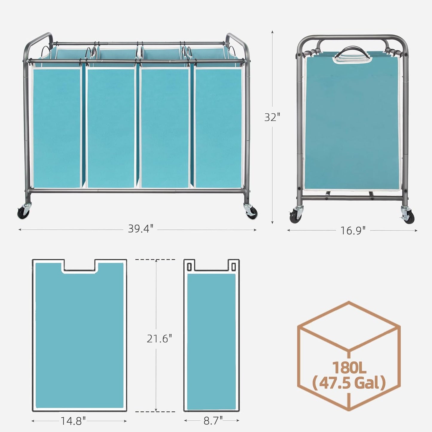 Storage Maniac Laundry Sorter - 4-Section Hamper Cart with Wheels & Removable Bags - 47.8 Gal, Blue