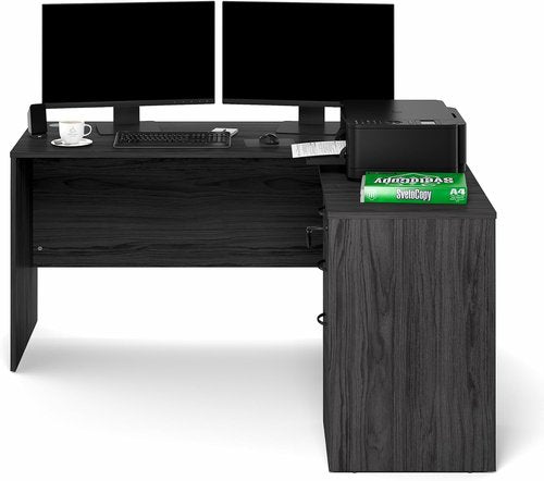 Furinno Roger L-Shaped Executive Desk - 60 Inch with File Cabinet & Cord Grommet | Coastal Grey