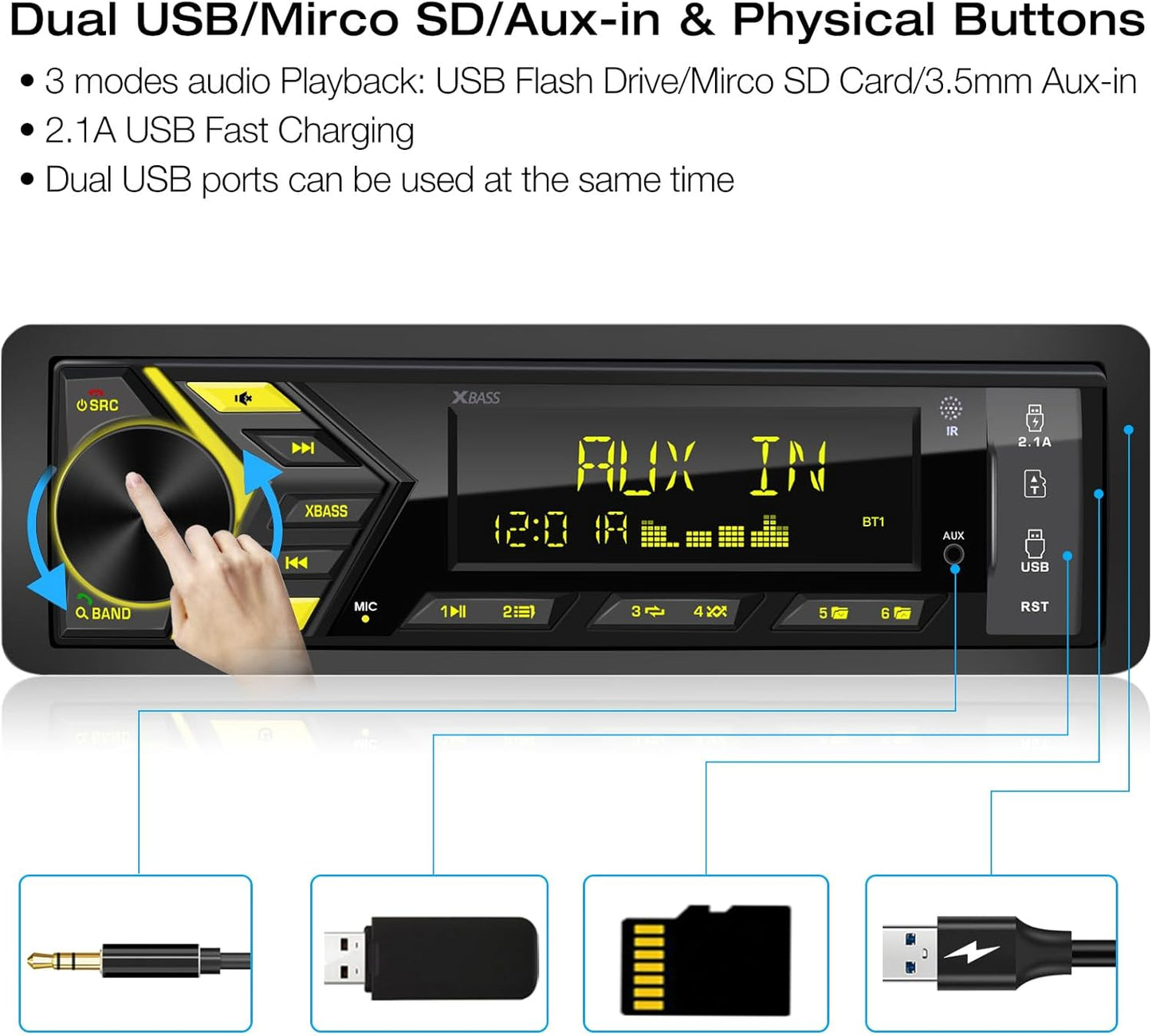 DOVOX MP3 2.1A Bluetooth Car Stereo Marine Radio: Single Din LCD Display Audio System - Indash Multimedia Player