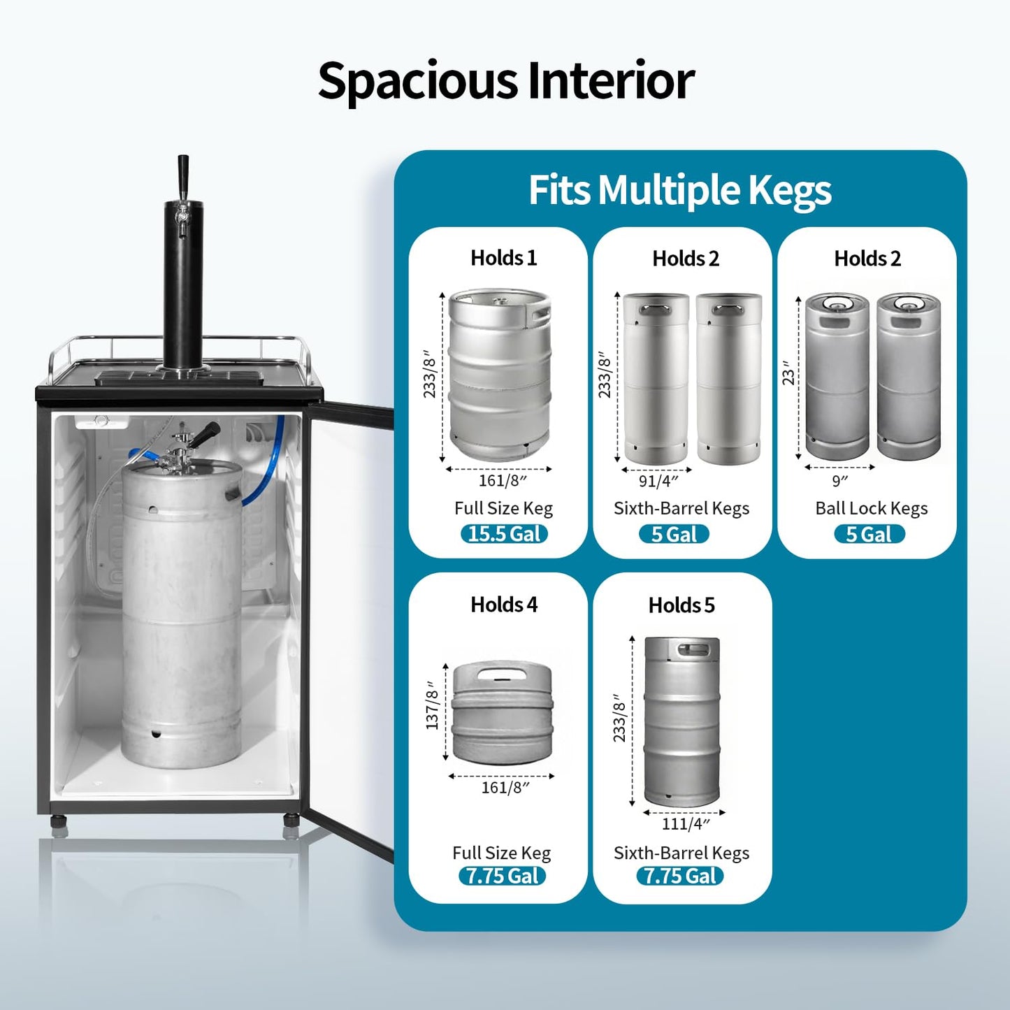 BEYOU Beer Kegerator, Commercial Draft Brew Beer Dispenserl,Full Size Keg Refrigerator for Home D system-1 Tap (152L)