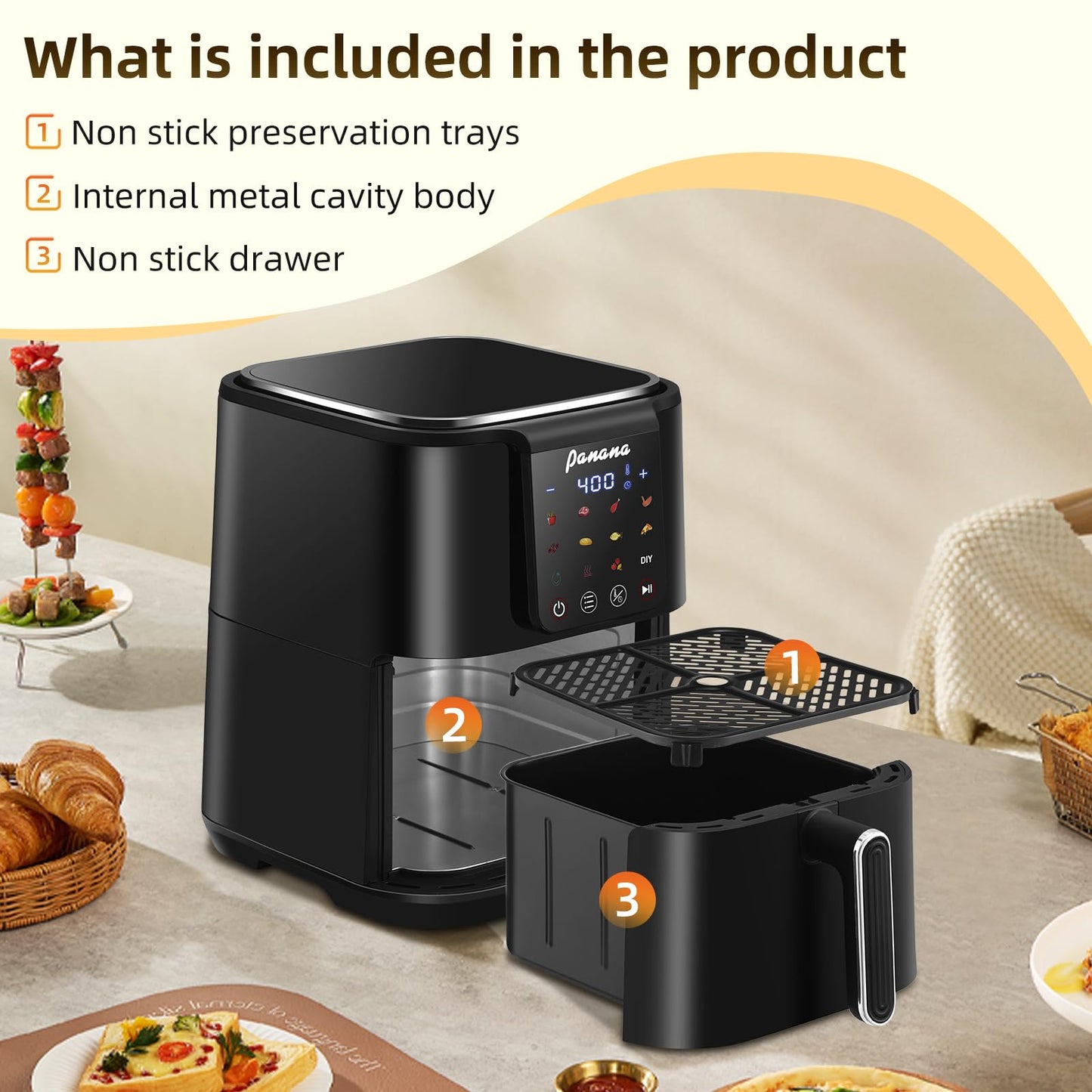 Panana Air Fryer, 6.3QT Large Capacity Air Fryer, Oilless Healty Cooker Airfryer Oven with 12 Presets, 1500W Air Fryers for Quick Meal, Home Use (Black)