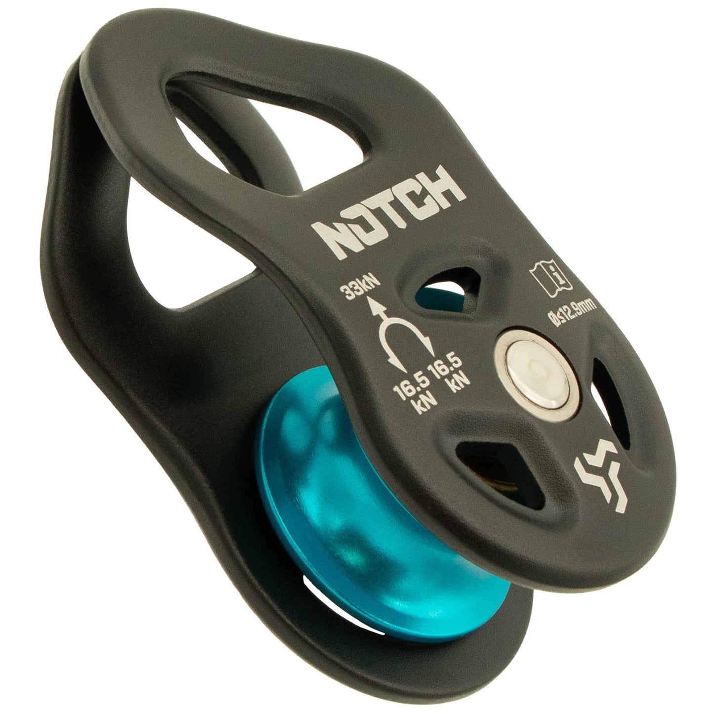 Notch Thirty-Three Micro Pulley with Massive Strength, MBS: 7,418 lbs. (33kN), Purpose-Built for Canopy Use, Mid-line Attachable with Swinging Side Plates, Use with Lines up to 1/2” (12.9mm) (100053)
