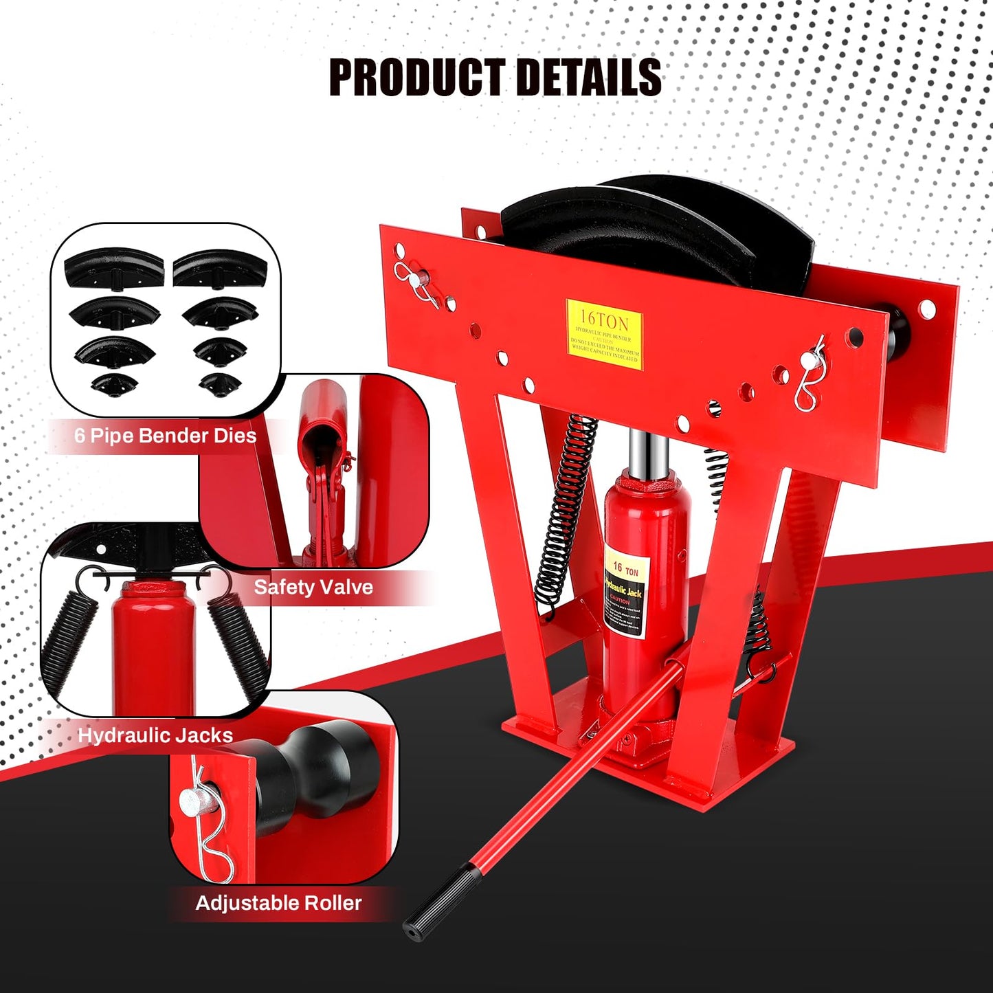 Hydraulic Pipe Bender with 8 Dies, 16 Ton Manual Copper Tubing Bender Tool Adjustable Rollers 90°-180° Steel Iron Metal Ratcheting