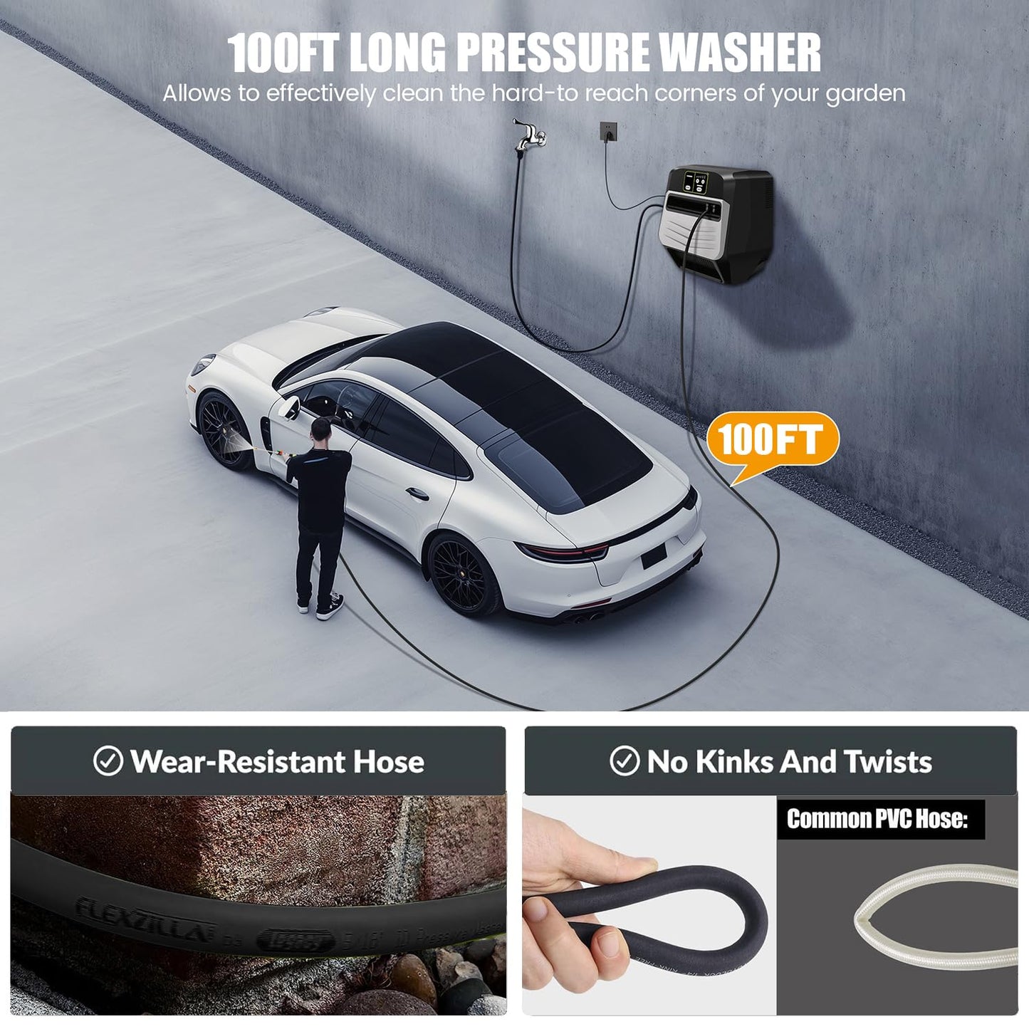 commowner 5500PSI Pressure Washer Wall Mounted Power Cleaner with 100ft Retractable Pressure, Silver