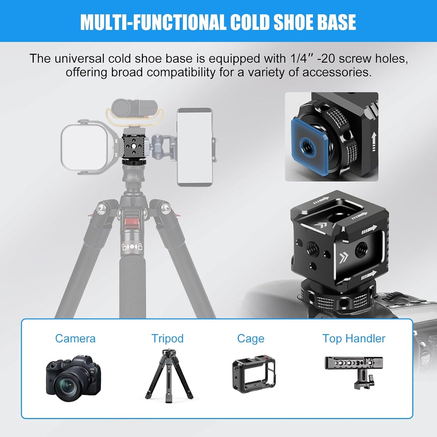 3 1/4"-20 Port Cold Shoe Mount Adapter with Thread for Camera Cage Flash LED Monitor Microphone, Aluminum Camera Triple