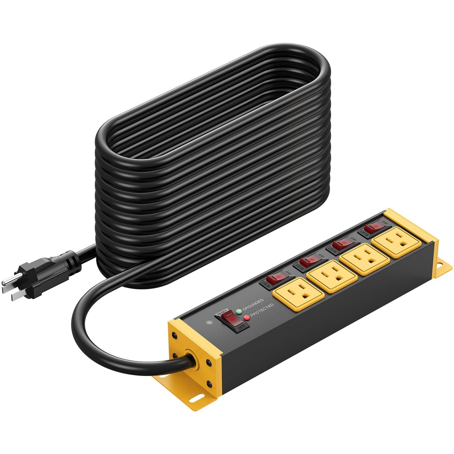 CCCEI 12 Gauge Outdoor Long Extension Cord with Multiple Outlets, 20 Amp Individual Switches Heavy Duty Surge Protector Power Strip, Garage Wall Mount Outlet Extender. 100 FT, Yellow.