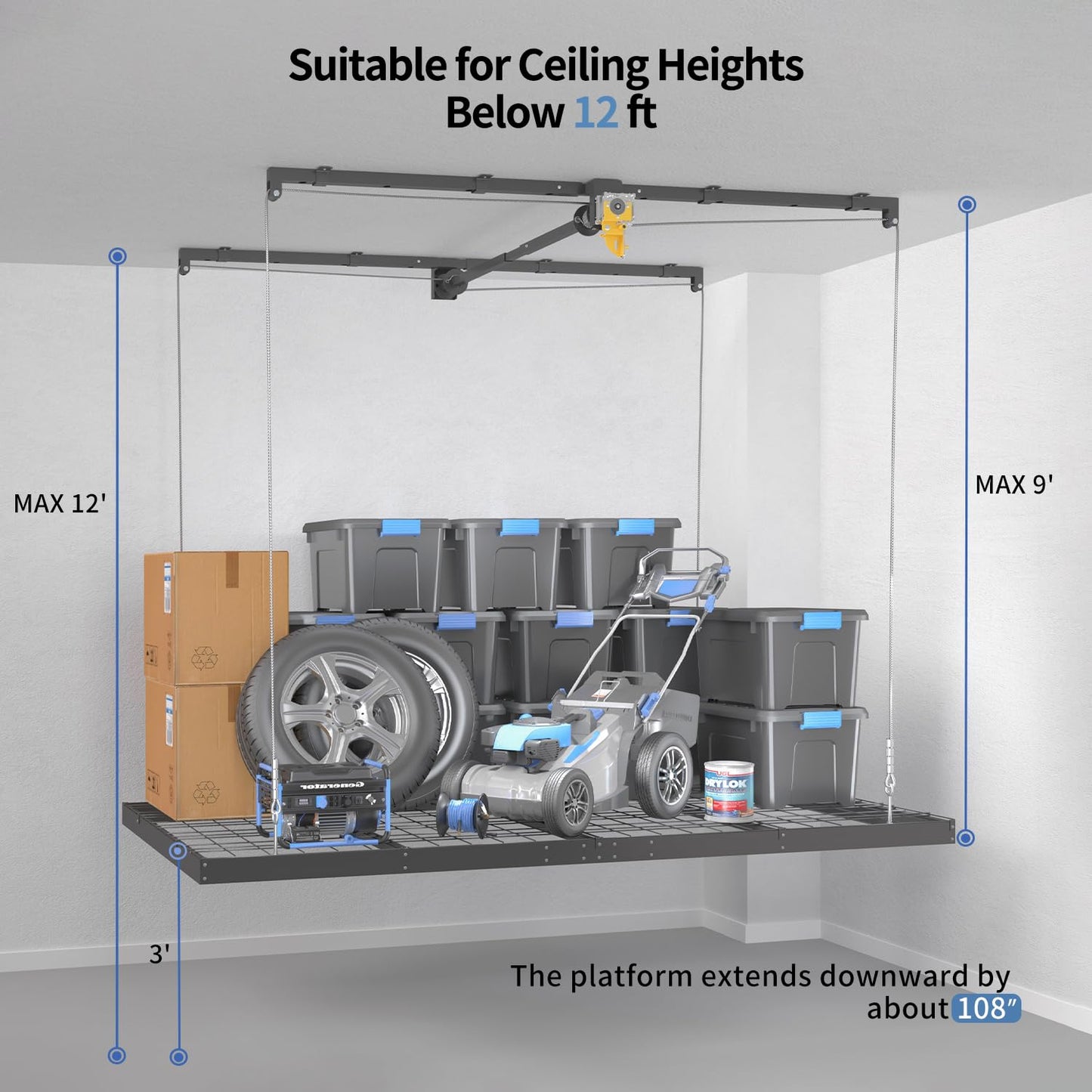 Overhead Garage Storage Rack – 4x8 FT Garage Ceiling Storage Racks with Safety Lock, Heavy-Duty Ceiling Mounted Lift System and Storage Organizer, Ideal for Maximizing Overhead Space, 325 lbs Capacity