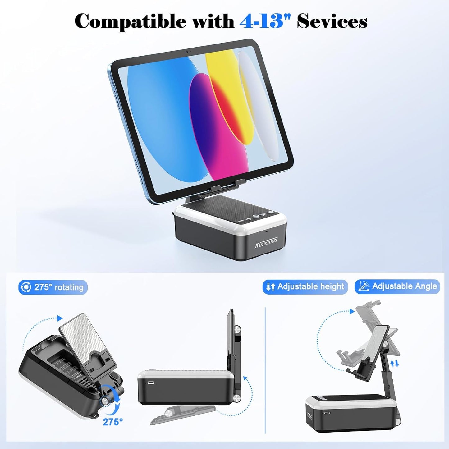 Kingamei 3-in-1 5.3 Cell Phone Stand with Bluetooth Speaker, RGB Colorful Light Desk Phone Holder, Foldable Cool Tech