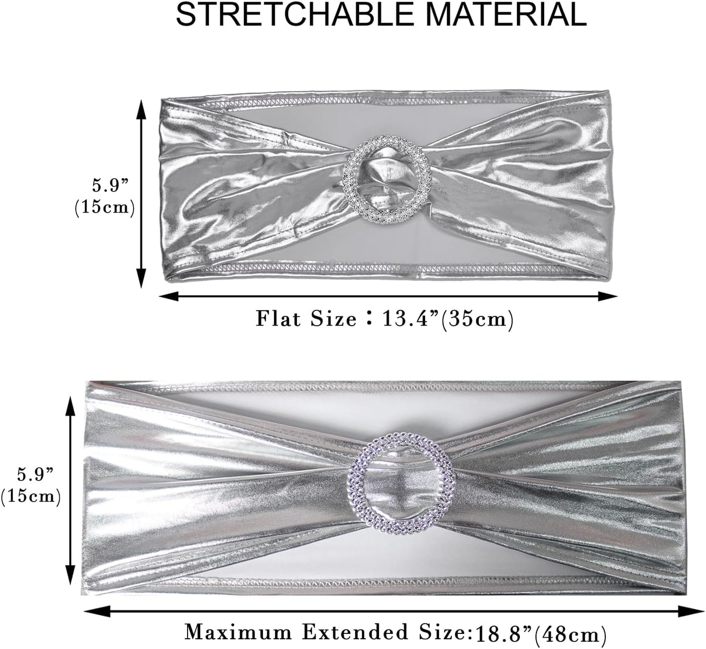 Skiennix Metallic Silver Stretch Chair Sashes - Durable Spandex Fitted Bows for Weddings & Events | 10 Pack