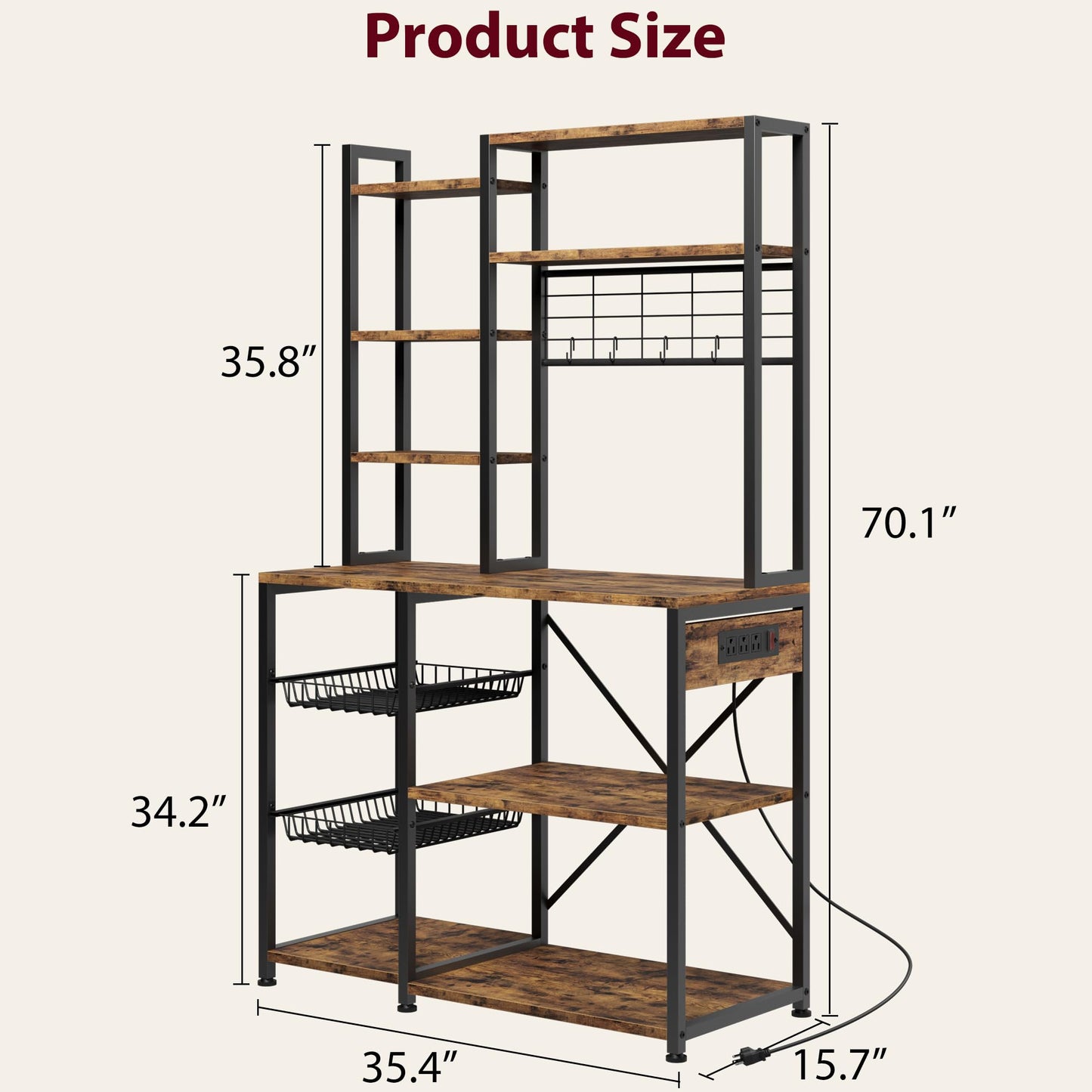 IDEALHOUSE Bakers Rack with Power Outlet, Microwave Stand with 2 Wire Drawer, Industrial Coffee Bar Station, 7-Tier Kitchen Bakers Rack with Large Storage for Spice, Pots Organizer, Rustic Brown