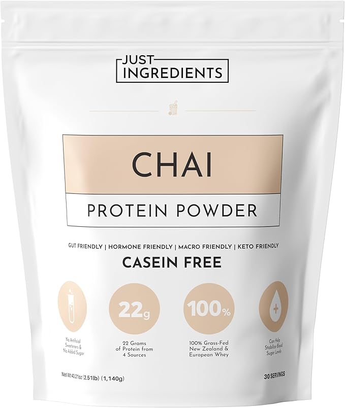 JUST INGREDIENTS Chai Protein Powder ??30-Serving Blend with 100% Grass-Fed Whey & Organic Plant Proteins ??Warm Spice Flavor with Cinnamon, Ginger & Cardamom ??Supports Muscle Recovery, Energy*