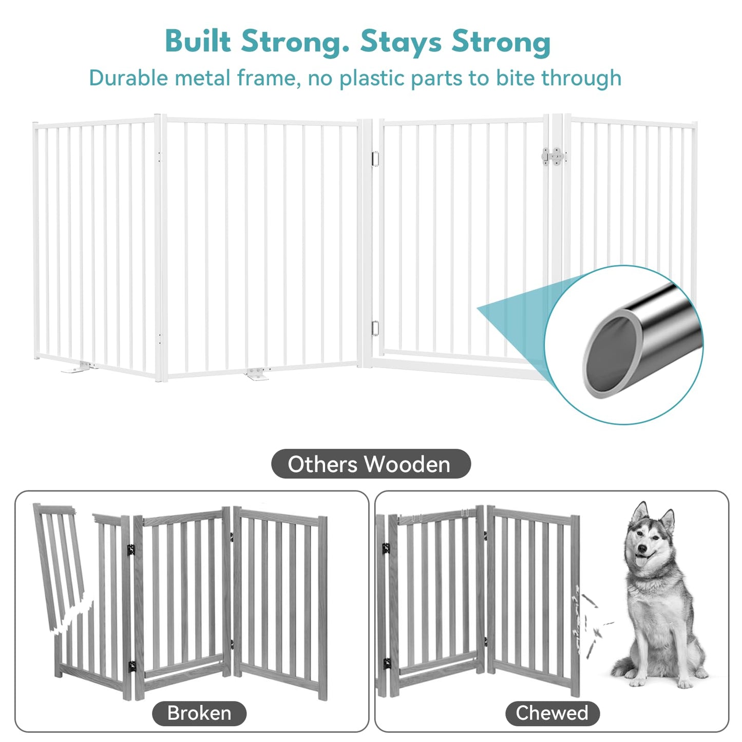 No Pawblems Free Standing Dog Gate with Door, 36'' Tall Foldable Dog Fence for Indoor & Outdoor, Up to 104 Inch Extra Wide Puppy Gate for Stairs, Hallways, Doorways, Deck, Yard (White, 4 Panels)