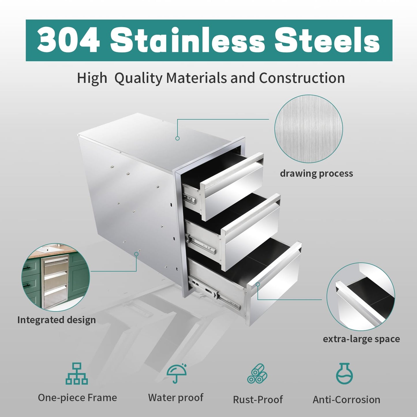 Outdoor Kitchen Drawers 14" W x 21" H x 23" D Stainless Steel Drawer BBQ Triple Drawers with Hidden Handle for Outdoor Kitchen Island, Patio Grill Station