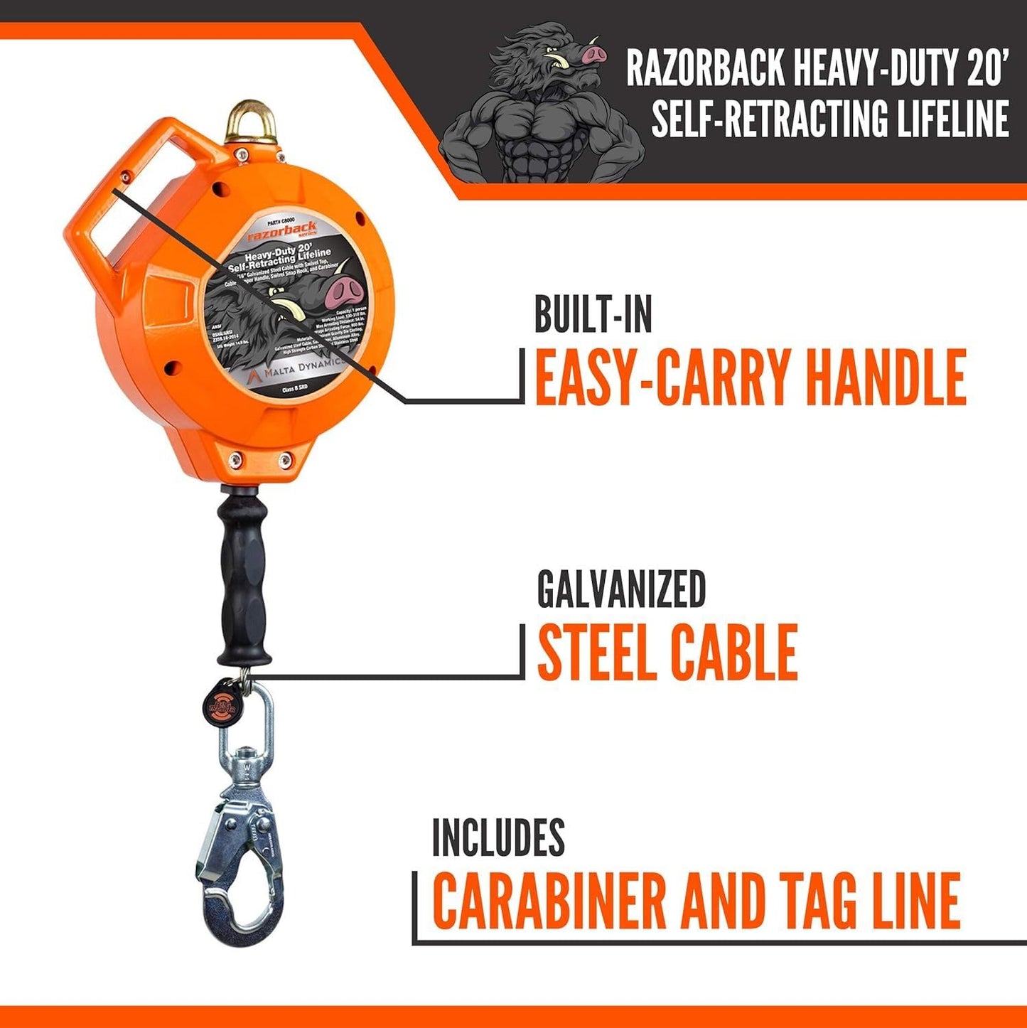 Malta Dynamics Razorback Heavy-Duty Self Retracting Lifeline, Quick-Action Braking System, Galvanized YoYo Cable, Fall Protection Retractable Safety Harness Lanyard - OSHA/ANSI Compliant (30 Foot)