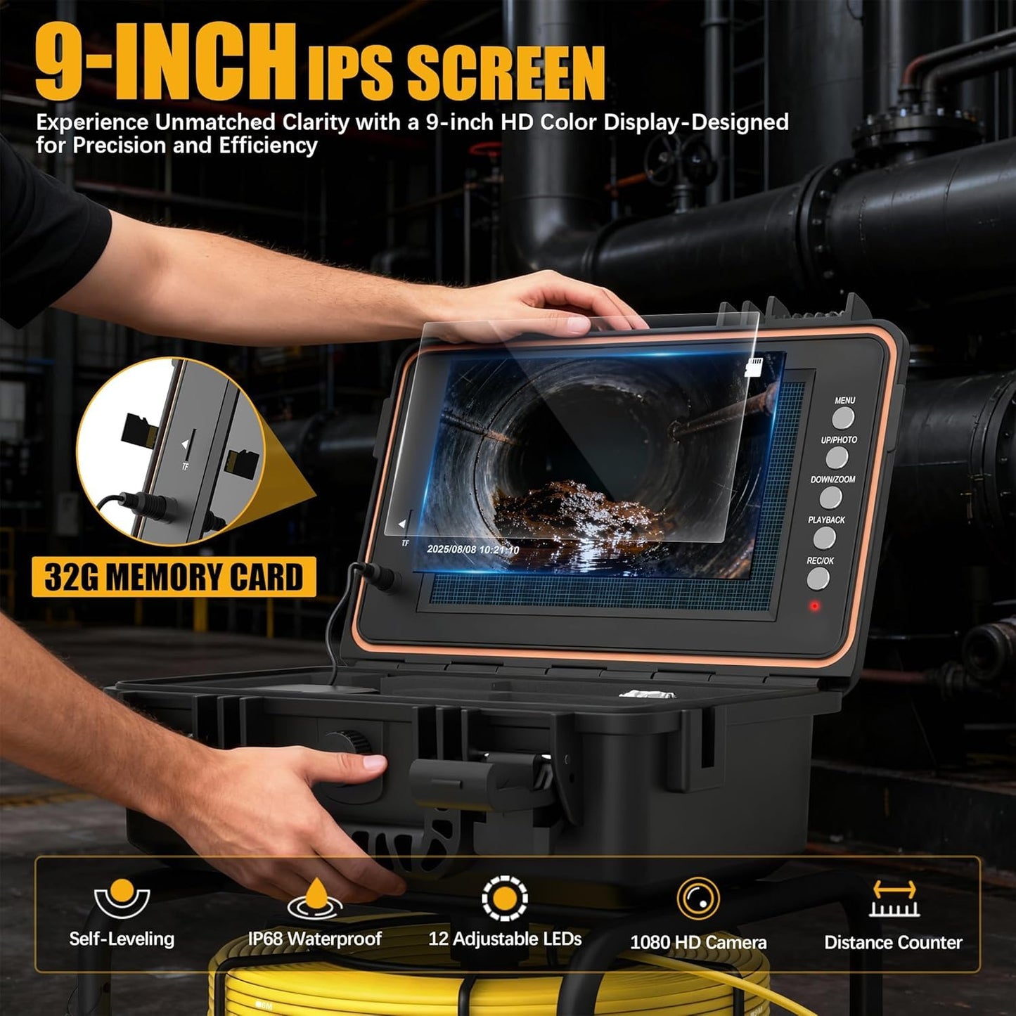 Sewer Camera, 9" HD Industrial Borescope Drain Camera with Self-Leveling, IP68 Video Endoscope Pipe Inspection Cameras, 100Ft(30M) 5MM Thicker Cable with Meter Marking, 5X Zoom, DVR, 32GB