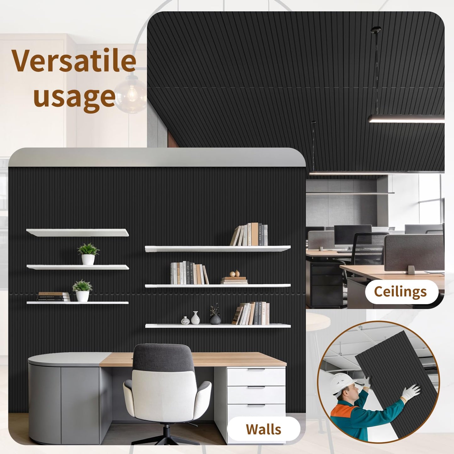 RITOLLO 8-Pack PVC Slat Wall Panels for Interior Wall Decor, 24x48in 3D Fluted Panels, 2x4 FT Cuttable Drop Ceiling Tiles for Bathroom, Studio and TV Background, Water-Proof & Renter-Friendly(Black)