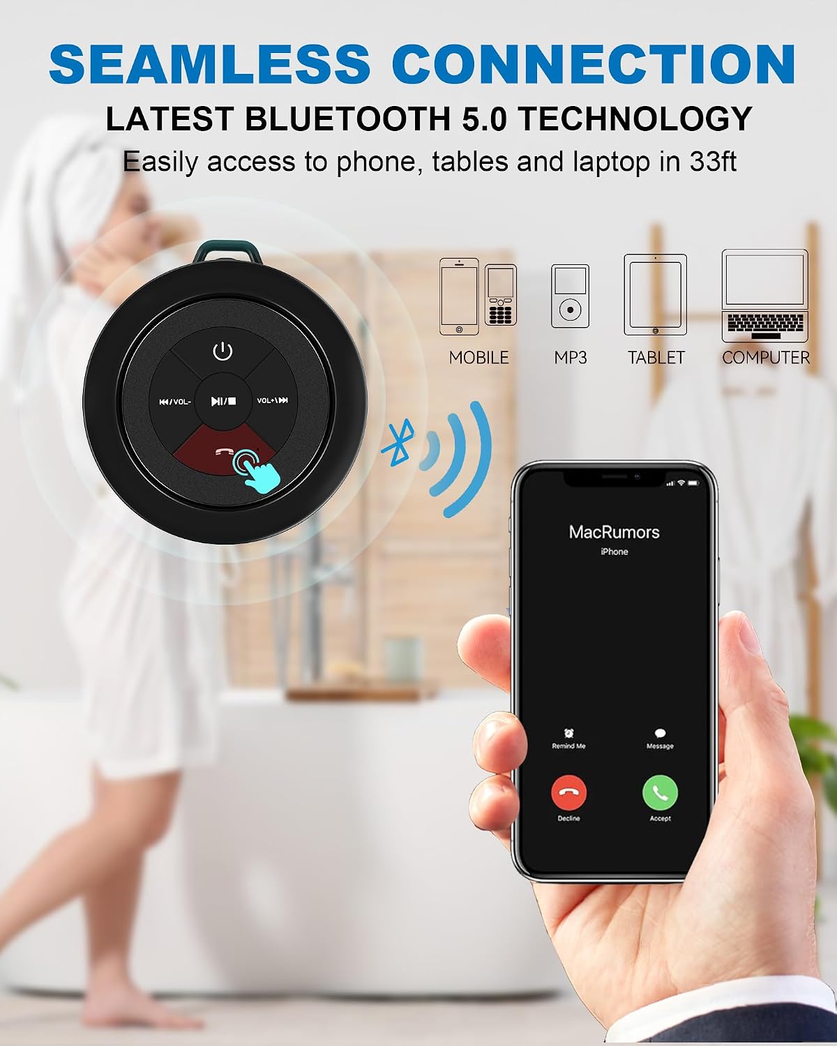 Razobws IP67 Bluetooth Shower Speaker, Portable Bluetooth Speakers, Waterproof Wireless Speaker with Suction Cup