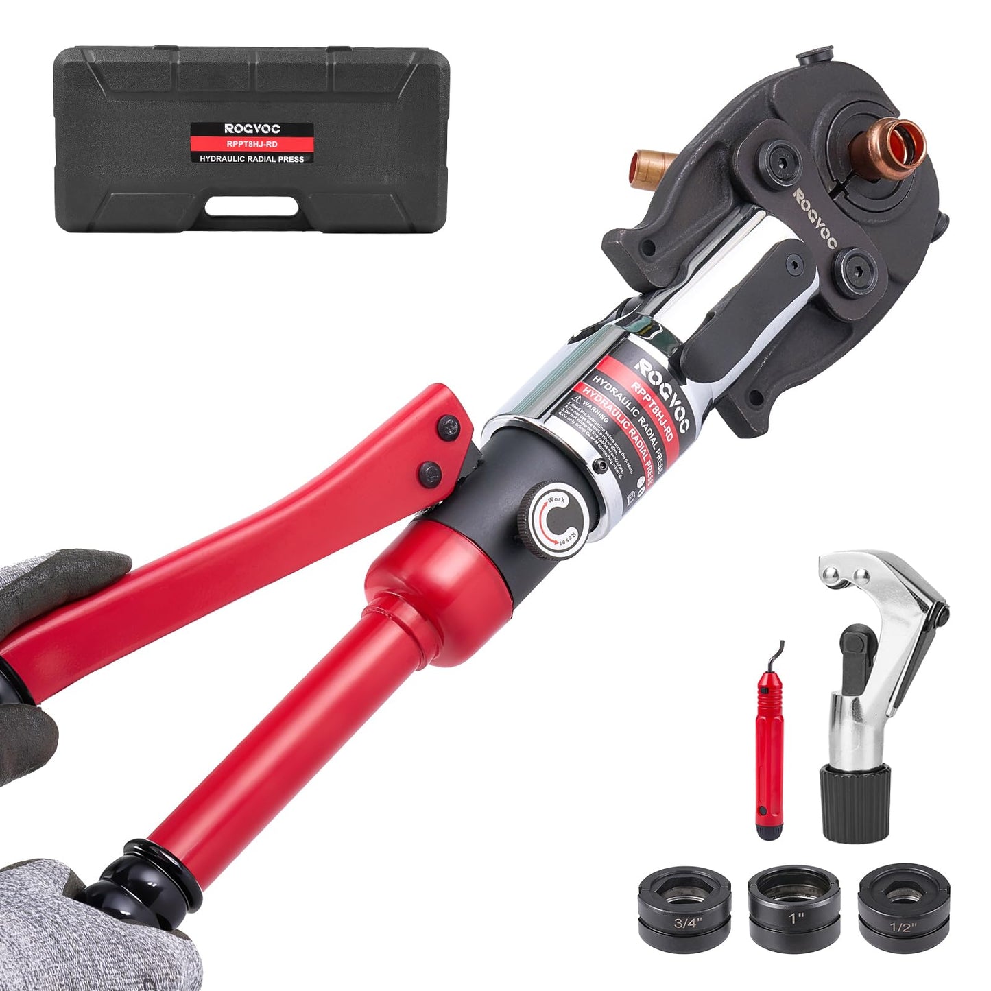 ROGVOC Hydraulic ProPress Tool, Copper Pipe Crimping Tool with 1/2, 3/4, 1 Inch Jaws, Compact Hydraulic Press Tool for Copper Tube Fittings, Ideal for Tight Spaces and Most Copper Press Systems