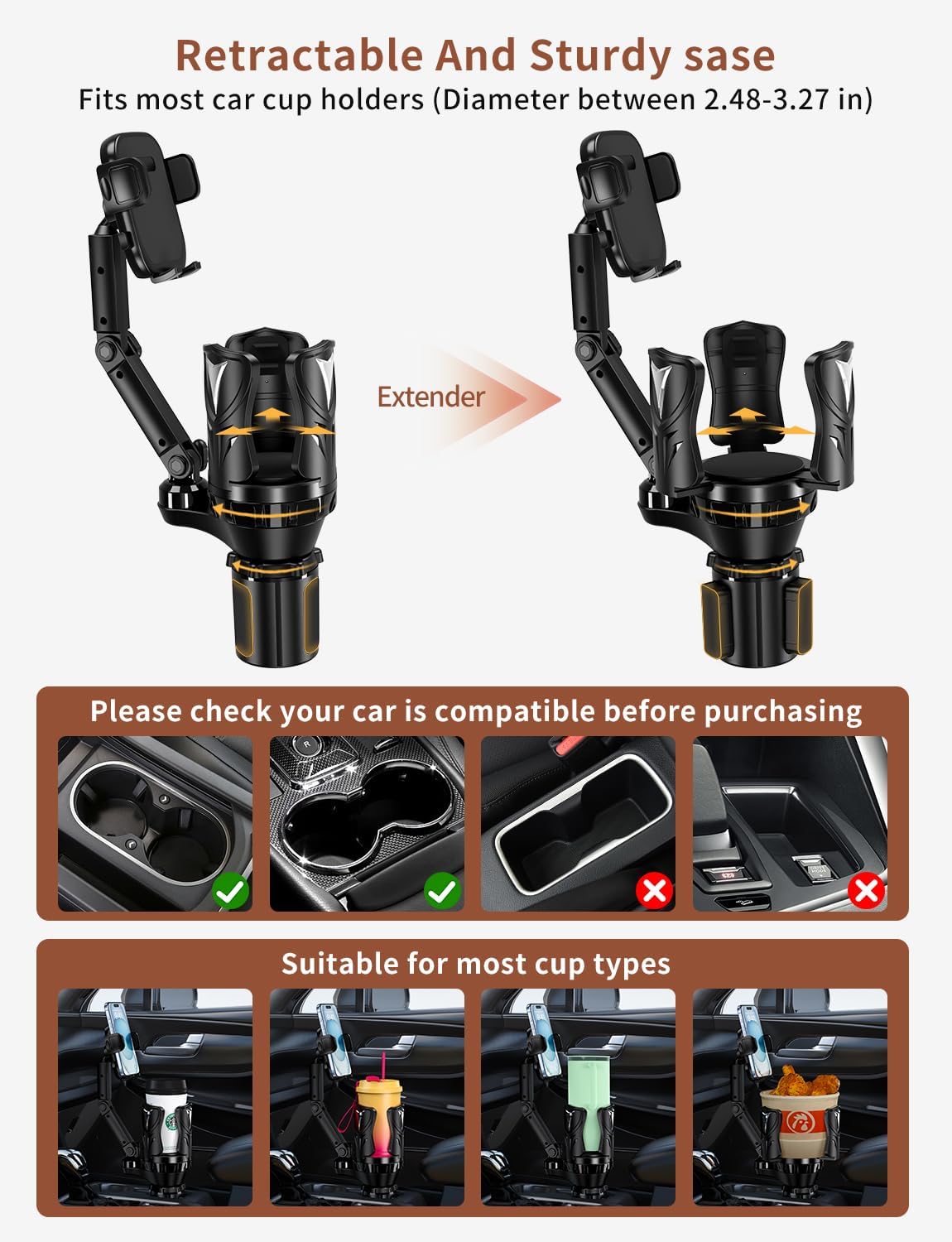 Commuters 5.31'' Phone Holders for Your Car, Adjustable Car Cup Holder Expander with Rubber Grip, Secure Hold