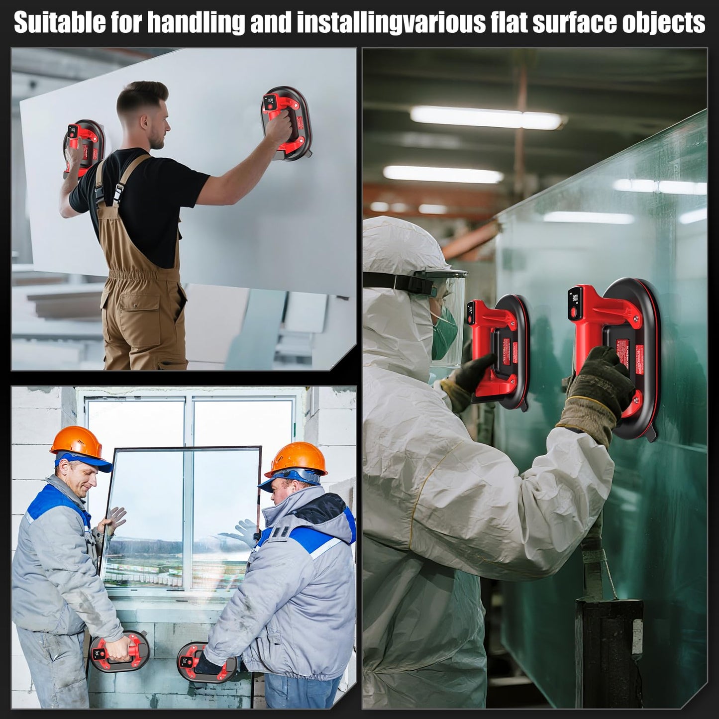 SundpeyPRO Electric Glass Suction Cups - 10" Heavy Duty Vacuum Suction Cups Lifter Max Load 662lbs with 4 x 3.0Ah Batteries & 2 x Chargers & Digital Display for Glass Tile Marble Granite Windshields